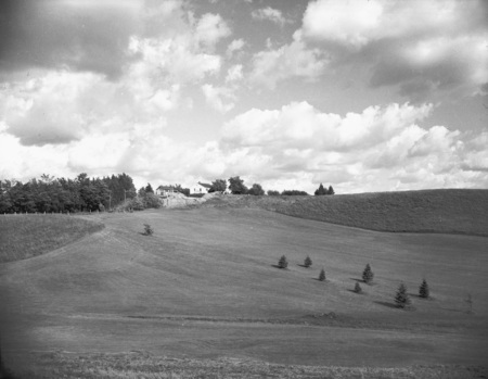 A photograph of the University of Idaho golf course. A tree line and house can be seen in the background.