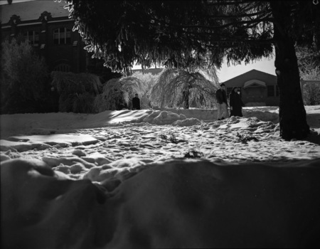 Students walk along a snowy path on University of Idaho Campus, institutional buildings can be seen in the background.