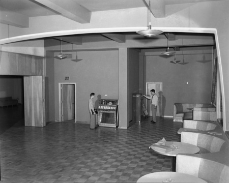 Two students in a dining area in the Student Union Building.