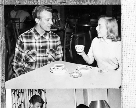 Jim Costley buys Pat Dyson a cup of coffee in the Student Union Building.