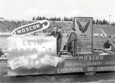 The Chamber of Commerce float at the Homecoming game.