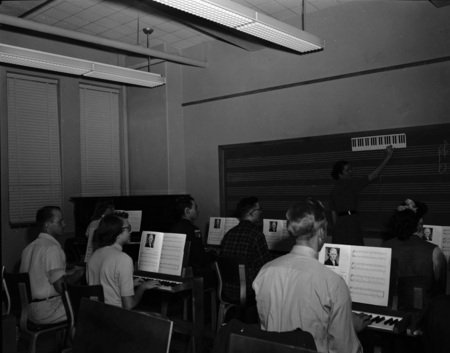 Music students learn how to play songs on piano.