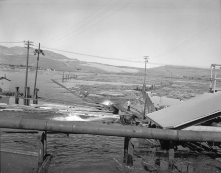 Black and white photograph of debris and a person standing by a lake.