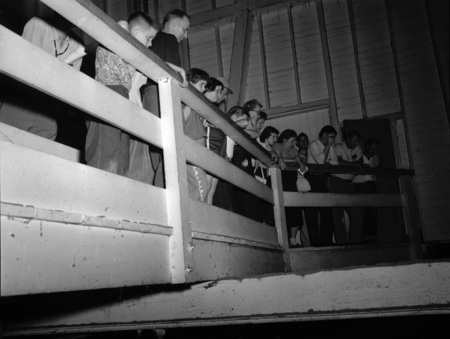 People standing on a catwalk during a tour of the sawmill.