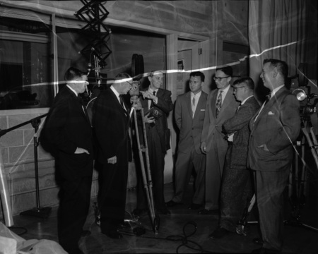 Radio-TV Institute members from left to right: K. Clark, Clair Hull, Leon Lind, Duwayne Wolfe, Don Thomas, Herb Everitt, and Robert Tracy.