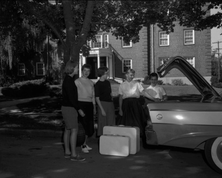 Delta Delta Delta students coming back to campus (l-r): Margaret Sullivan, Kay Sommers, Mary Lou Walcott, Patricia Kelley, and Claudia Parsel.