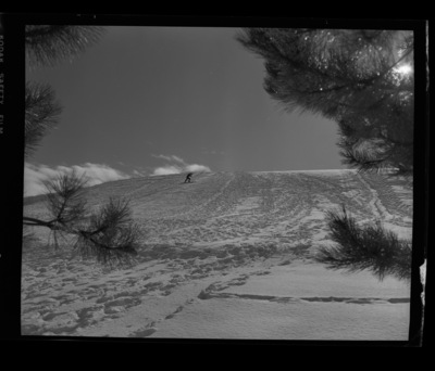 University of Idaho ski team member Chuck Rank skiis down a snowy slope.