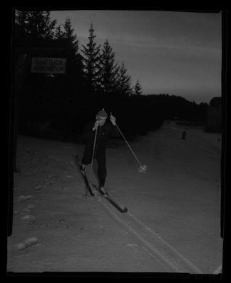 University of Idaho's ski team Coach Frank Cammack skiing in Shattuck Arboretum next to MacLean Field.
