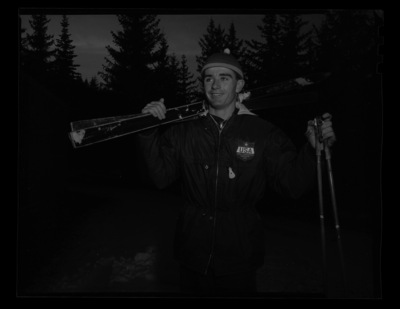 University of Idaho's ski team Coach Frank Cammack skiing in Shattuck Arboretum next to MacLean Field.