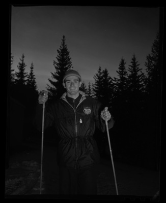 University of Idaho's ski team Coach Frank Cammack skiing in Shattuck Arboretum next to MacLean Field.
