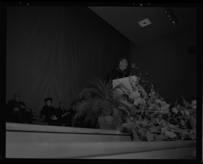 Governor Robert E. Smylie speaking at the 1959 Commencement ceremony in Memorial Gym.