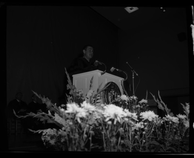 Governor Robert E. Smylie speaking at the 1960 Commencement ceremony in Memorial Gym.