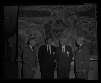 The College of Forestry 50th Anniversary at the University of Idaho Agricultural Sciences building. (l-r): Dean of Forestry, Ernest W. Wohletz, former Dean Richard E. MCardle, former Dean Dwight S. Jeffers, and unidentified.