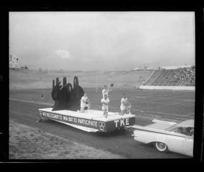 Homecoming float contest winner from Tau Kappa Epsilon on the sidelines of Neale Stadium for the homecoming game.