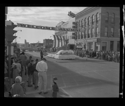 A homecoming float of a Viking ship made jointly by Gault Hall and Ethel Steel House in downtown Moscow.