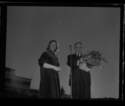 Homecoming queen Trenna Atchley being crowned by Elbert Stellmon, president of the Lewiston Alumni Chapter, during halftime at the 1959 Homecoming Game.
