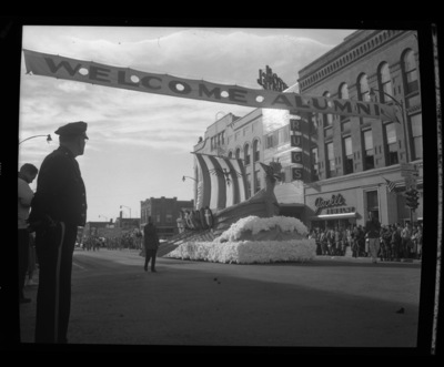 A homecoming float of a Viking ship made jointly by Gault Hall and Ethel Steel House in downtown Moscow.
