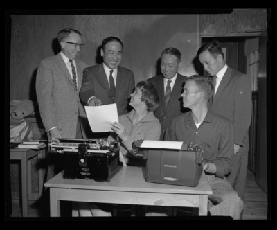 Korean newsmen from Seoul touring the journalism building at the University of Idaho.