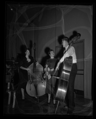 Symphony orchestra bass players and a violin player practice together.