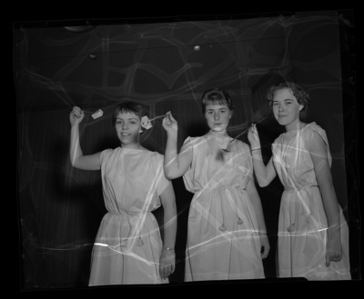 From left to right Vicki Fisher, Billie Sommers, and Ione Hinckle as the three ladies from the opera The Magic Flute in a researsal for the annual "Evening of Opera" workshop presented by the School of Music.