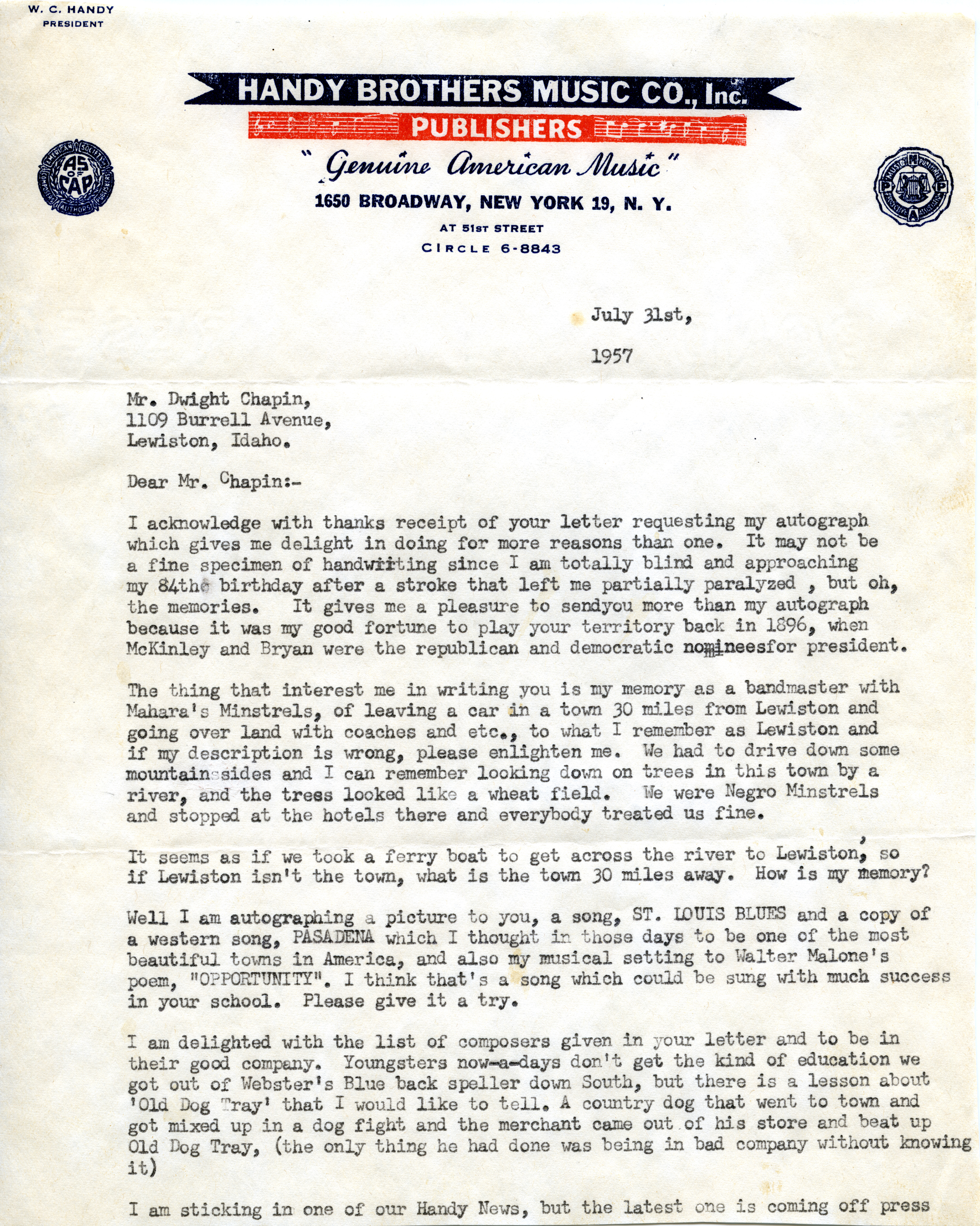 W.C. Handy letter