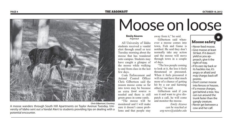 Argonaut article titled "Moose on loose" from October 19, 2012.