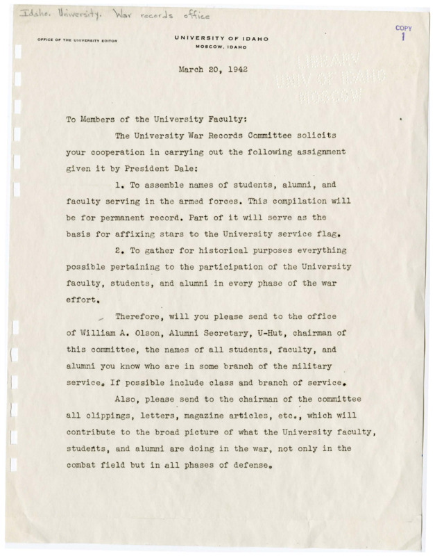 Memo to faculty about the War Records Committee