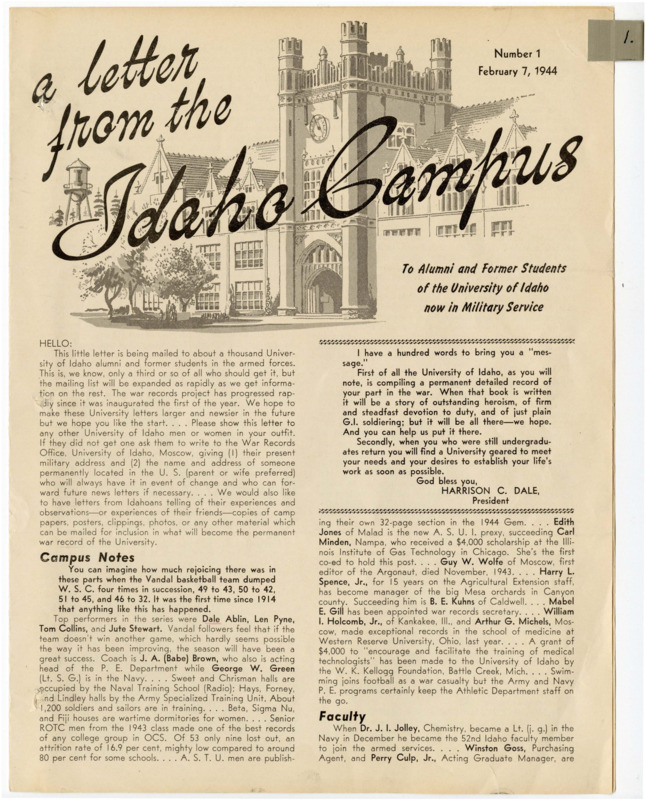 February 1944 issue of A Letter from the Idaho Campus