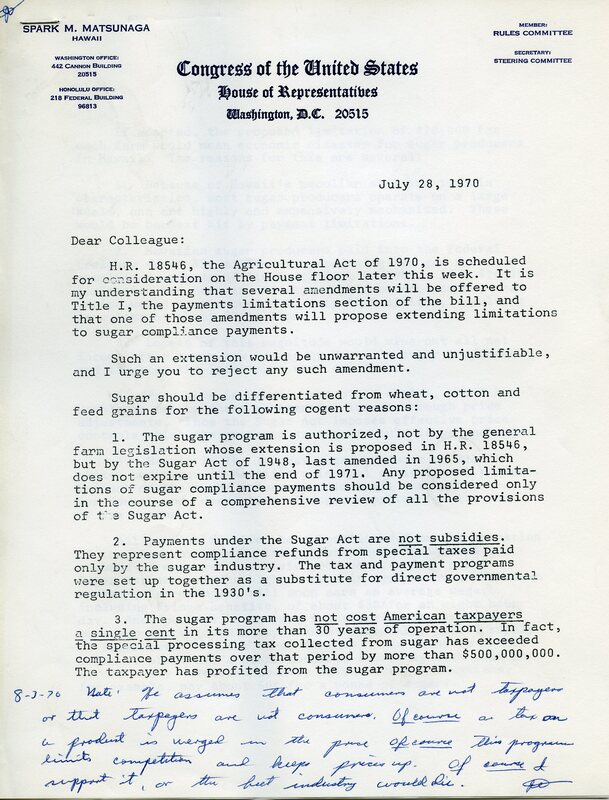 Letter from Representative Spark Matsunaga.