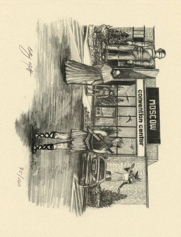 Drawing of the entrance to the Moscow Convention Center with science fiction related statues and people in costume