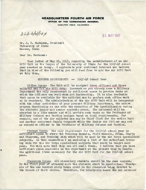 Letter from Willis H. Hale, Major General, US Army to Dr. J.E. Buchanan, University of Idaho President
