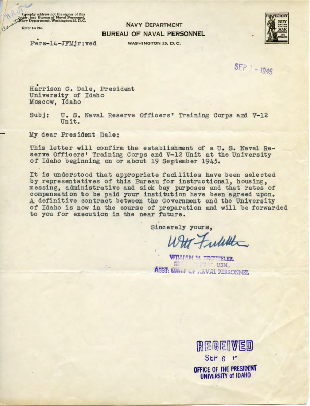 Letter from William Fechteler, Assistant Chief of Naval Personnel to Harrison C. Dale, University President