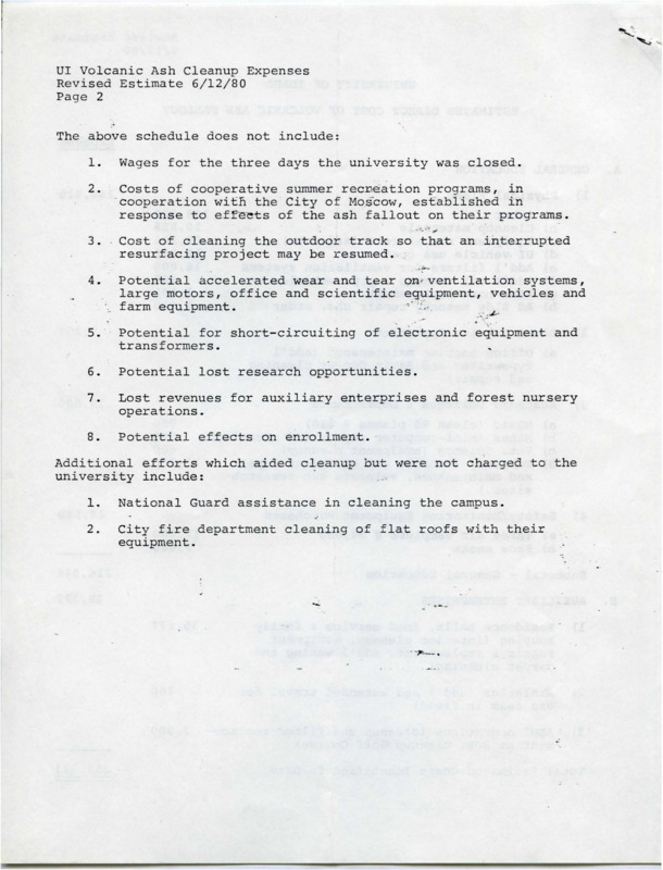 University of Idaho Estimated Direct Cost of Volcanic Ash Fallout, p. 2