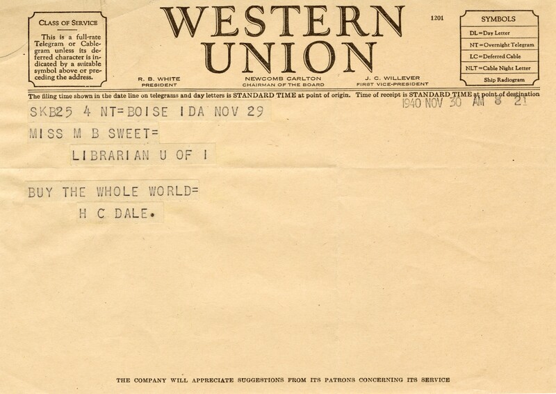Telegram from University of Idaho President H. C. Dale to M. Belle Sweet, November 30, 1940
