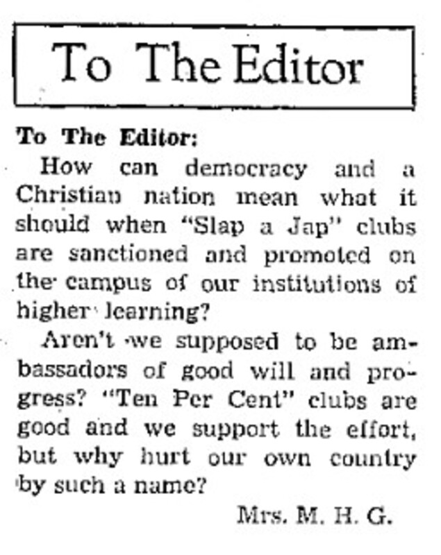 Letter to the Editor by Mrs. M.H.G. criticizing the name of the "Slap-a-Jap" Club.