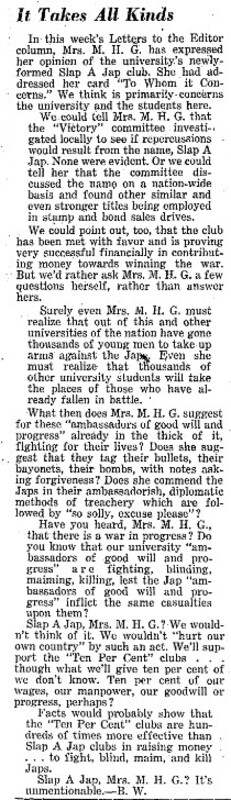 Response to the Letter to the Editor by Mrs. M.H.G. defending the name of the "Slap-a-Jap" Club.