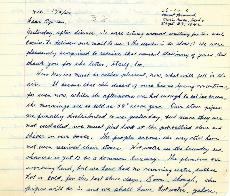 Letter to George Shitamae from his niece Fumiko discussing the conditions at Minidoka Relocation Center, including the weather, lack of running water, and lack of stove pipes to keep warm. 