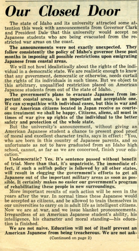 Article written by K.C. on the University of Idaho's policy to not allow Japanese American students to transfer from out-of-state instutitions due to forced relocation.