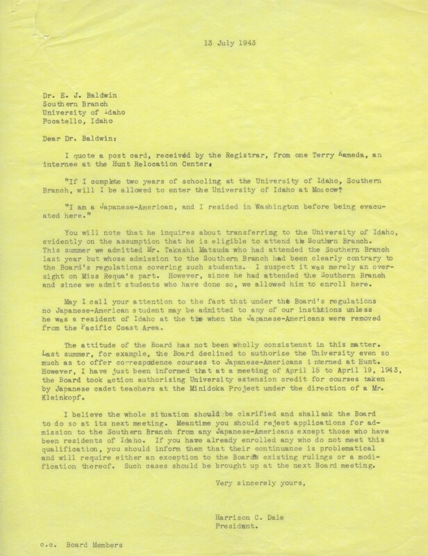 Letter regarding the possible acceptance of a Japanese American student to the University of Idaho-Southern branch.