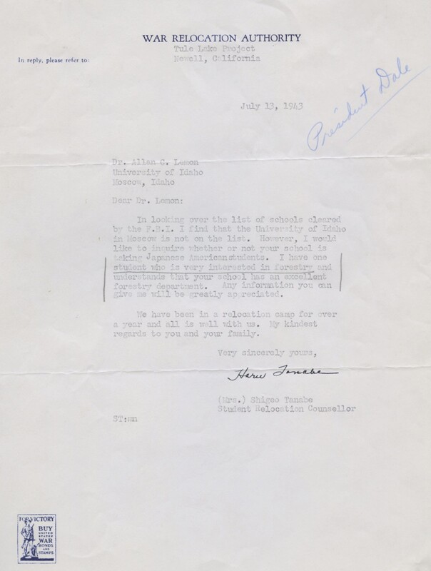 Letter from Haru Tanabe inquiring whether the University of Idaho would accept a Japanese American student who was interested in taking forestry classes.