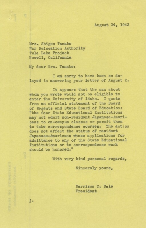 Response to letter Haru Tanabe regarding the admittance of relocated Japanese American students.