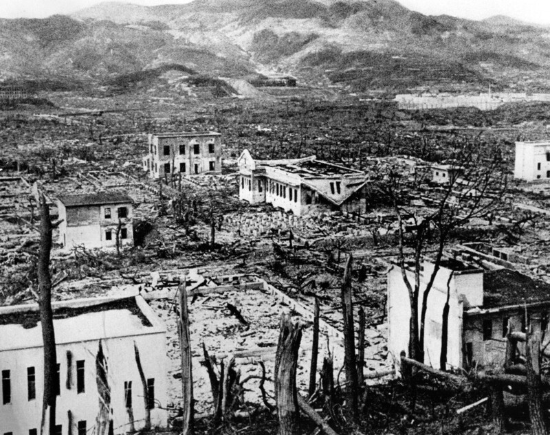 Photograph of the destruction caused by the atomic bomb at either Hiroshima or Nagasaki in Japan.