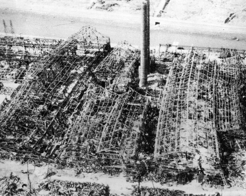 Aerial Photograph of the remains of a destroyed industrial area in Nagasaki.