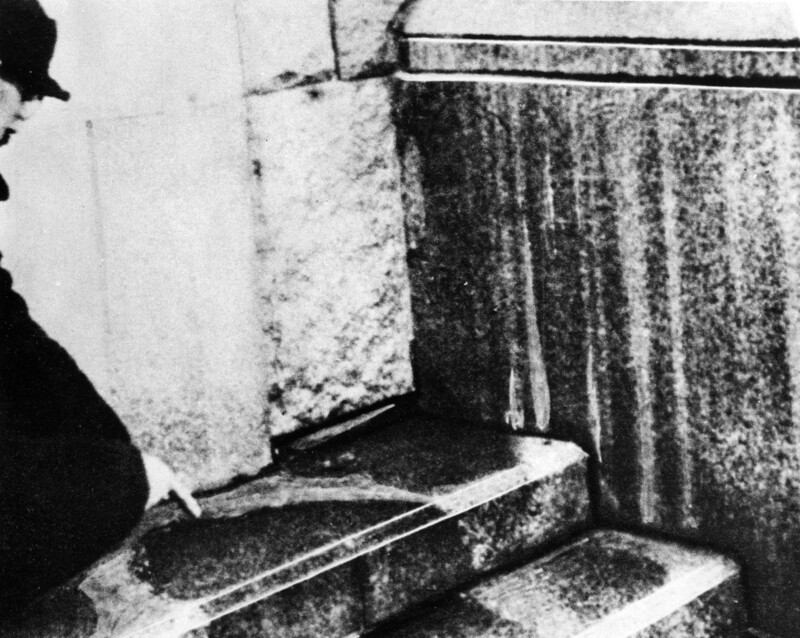 Photograph of the shadow remains of a person on the steps in front of the Sumitomo Bank. The only remains left for many victims of the atomic bomb near the hypocenter of bomb were shadows.