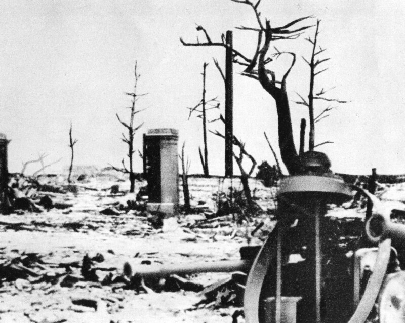 Photograph of the remains of the front gate to the entrance of Hiroshima Army Hospital.