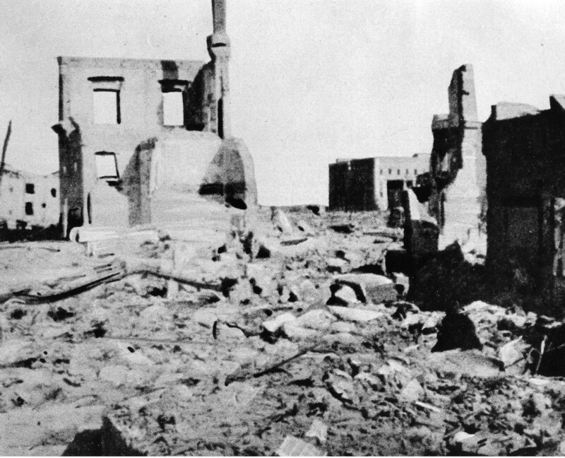 Photograph of collapsed buildings in either Hiroshima or Nagasaki.