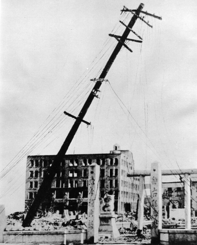 Photograph of a an electrical line that was snapped by the blast of the atomic bomb.