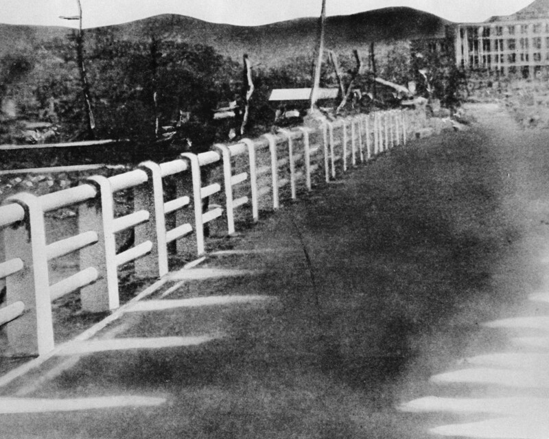 Photographs of shadows left by nine pedestrians on the Yorozuyo-Bashi Bridge. The only remains left for many victims of the atomic bomb near the hypocenter of bomb were shadows.