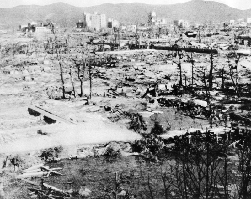 Photograph of the view from City Hall of the destruction of the Northern Sector of either Hiroshima or Nagasaki.