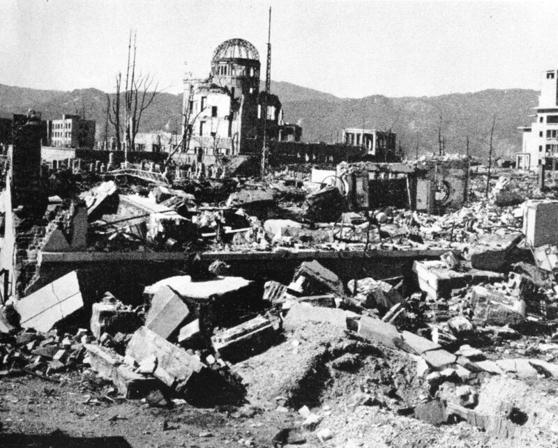 Photograph of the rubble that was the Shima Surgical Hospital in Hiroshima.